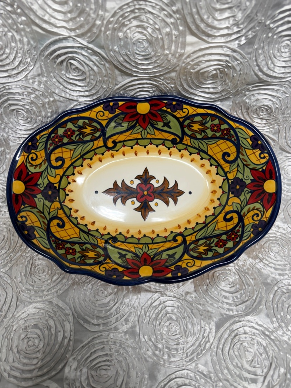 Corsica 'Crown Jewel' Hand-Painted Ceramic Serving Platter - Warm Yellow Glaze